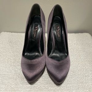 NINA SATIN LILAC PLATFORM PUMPS,  SIZE 7M